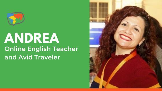 English teacher Andrea next to text that says her name
