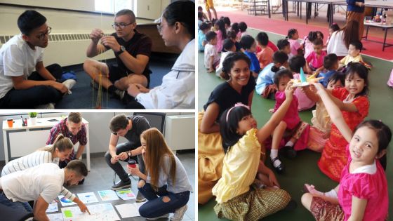 a collage of three photos: three teens building with strings and other materials, adults leaning around multiple papers with graphs, and young learners all holding a craft together