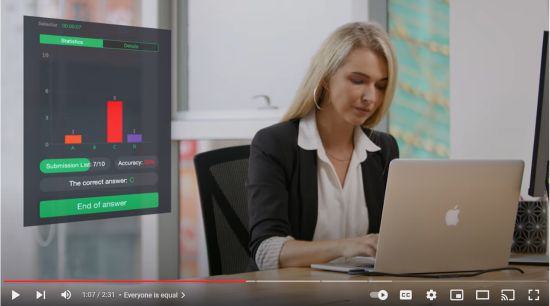 an online teacher working on her laptop with a call-out of her ClassIn screen showing data on student performance on an assessment.