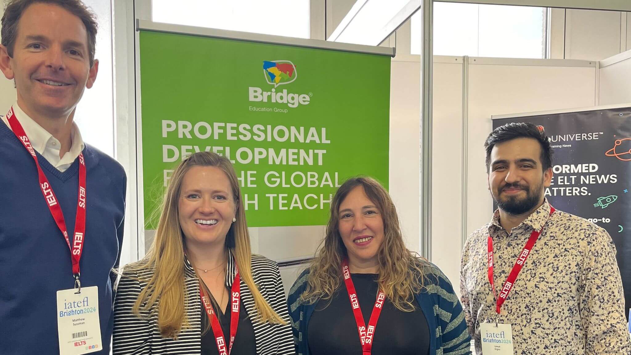 Bridge presenters and Matt Sussman, CEO of FLOW Speak, pose at IATEFL 2024.