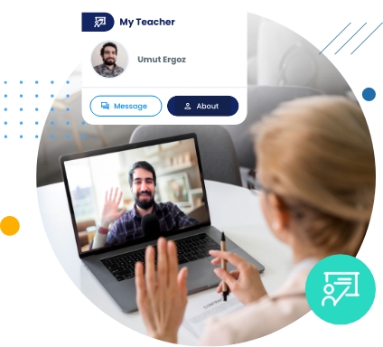 Global Classroom, Local Feel A person is seen on a video call with another individual on a laptop screen. The laptop screen displays a bearded man waving. The browser shows options to "Message" and learn "About" the teacher.