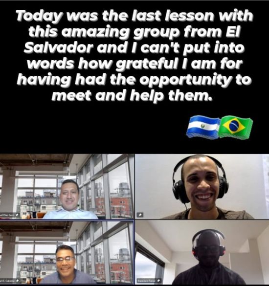 Bridge alum, Matheus, teaching a group of English learners online