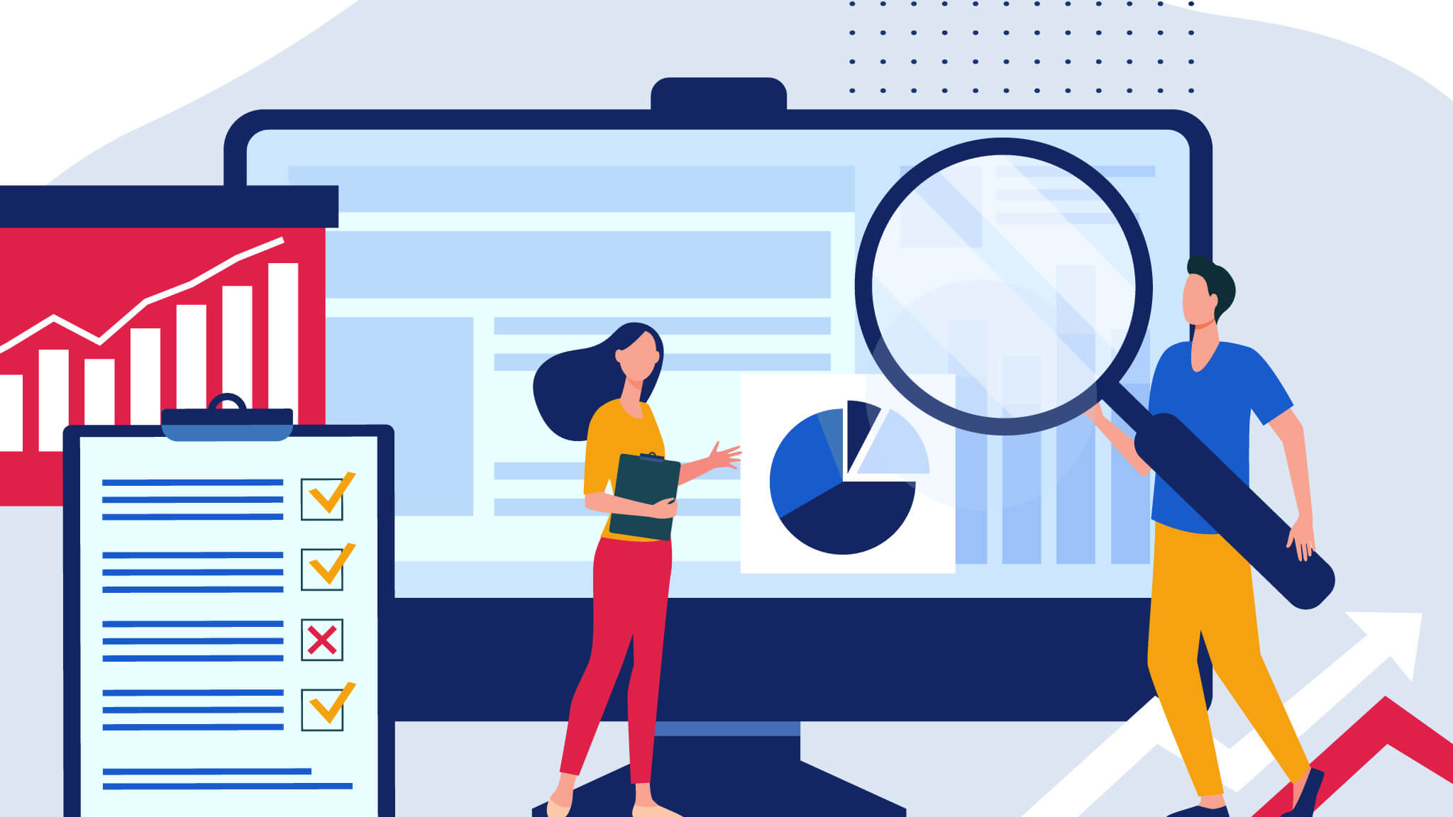 an illustration showing a woman in front of a large monitor showing testing data.