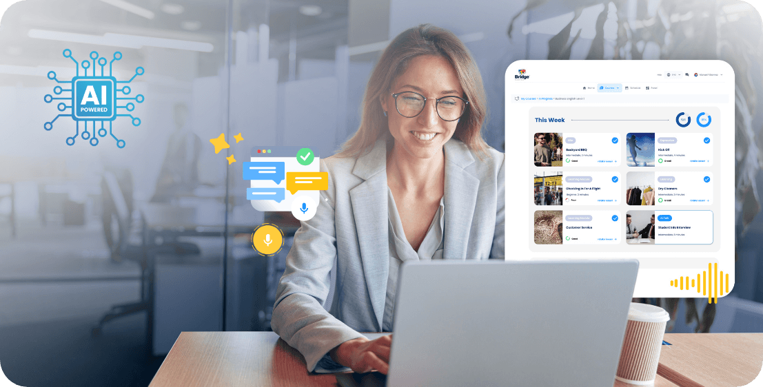 Our Solutions Conversation CoPilot A woman with glasses sits at a desk, smiling at her laptop screen. The computer screen displays a digital workspace with various icons and a calendar labeled "This Week." Surrounding graphics include an AI-powered icon, message bubbles, a microphone, and a soundwave.