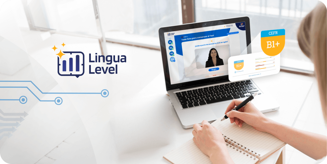 AI-Powered Language Testing A person is taking notes while attending an online meeting or class on a laptop. There are notebooks and a pen beside them. The screen displays a woman speaking. On the left, there is a graphic of a checklist, a computer, and a user profile icon.