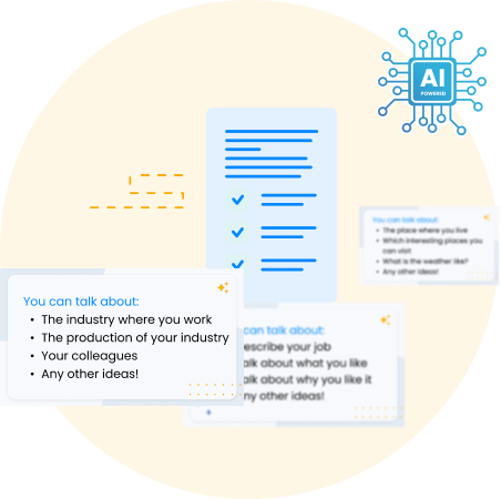 Customized Testing An illustration of a list accompanied by various text boxes, each suggesting different conversational topics. There's a circuit-like icon labeled "AI Powered" at the top right, indicating the suggestions are generated by artificial intelligence.