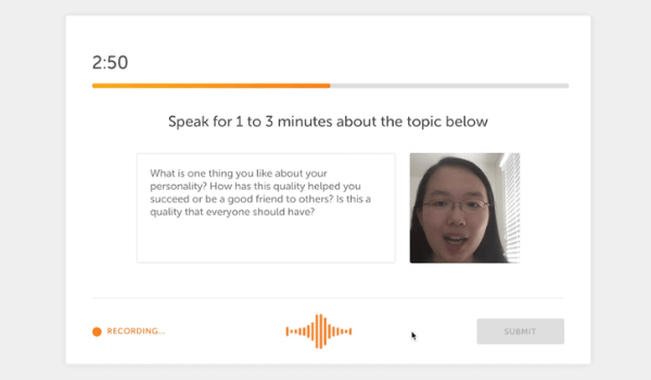 A student taking the online English language test by Duolingo.