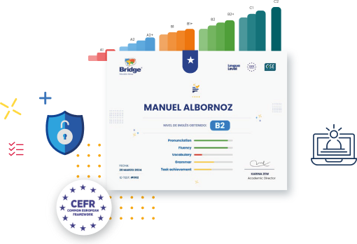 graph-levels An illustration of a language certificate awarded to "Manuel Albornoz" showcasing a B2 level in English. The certificate highlights skills in pronunciation, fluency, vocabulary, text grammar, and task achievement. Surrounding icons include a bar graph, a padlock, and digital concepts.