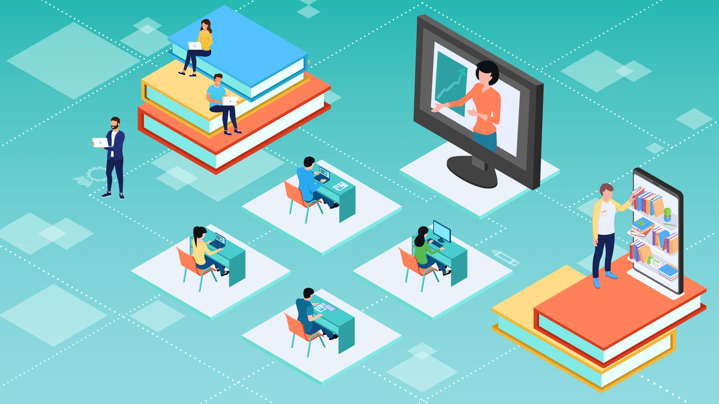 graphic image of desks with students facing a large screen with a teacher on it and large stacks of books on the side with students sitting on them.