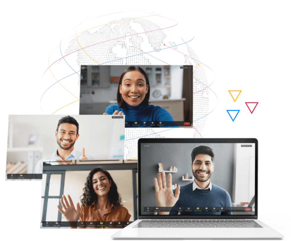 Mastering Languages, Connecting Worlds A collage showing three people on laptop screens engaged in a video call, all smiling and waving. The background features a stylized world map connected by colorful lines, symbolizing global connectivity.