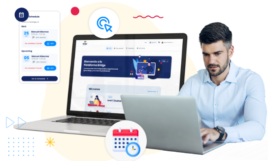 Convenient Scheduling a man sitting in front of a laptop using the Bridge learning platform