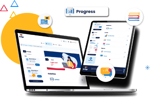 Cutting-Edge Technology Screenshot of the Bridge Language Learning platform, showing a dashboard with sections for courses, progress tracking, and user navigation menus.