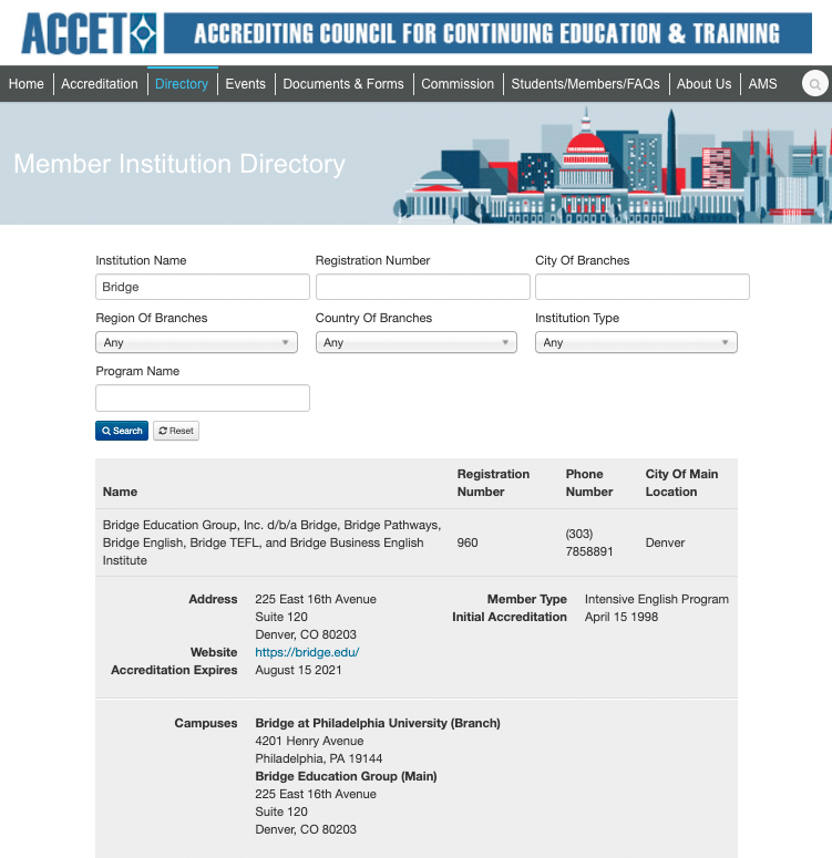 Bridge in the ACCET Member Directory