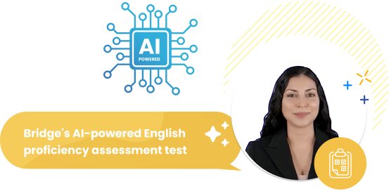 Lingua Level Image shows a promotional graphic for Bridge's AI-powered English proficiency assessment test. A professionally dressed woman smiles on the right side within a yellow circle. To the left, there is an AI chip icon with decorative circuits extending from it.